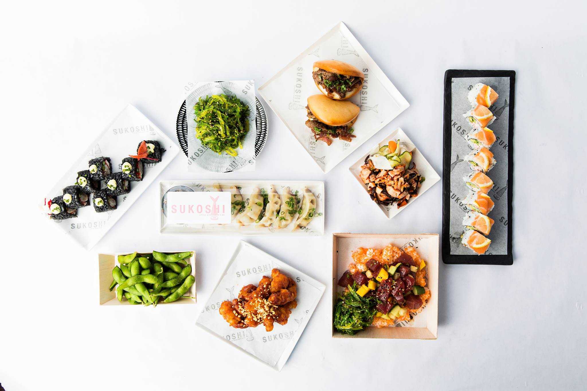 Sukoshi signature dishes Build-Your-Own Poke Bowls, various specialty Sushi Rolls, Sushi Burritos.